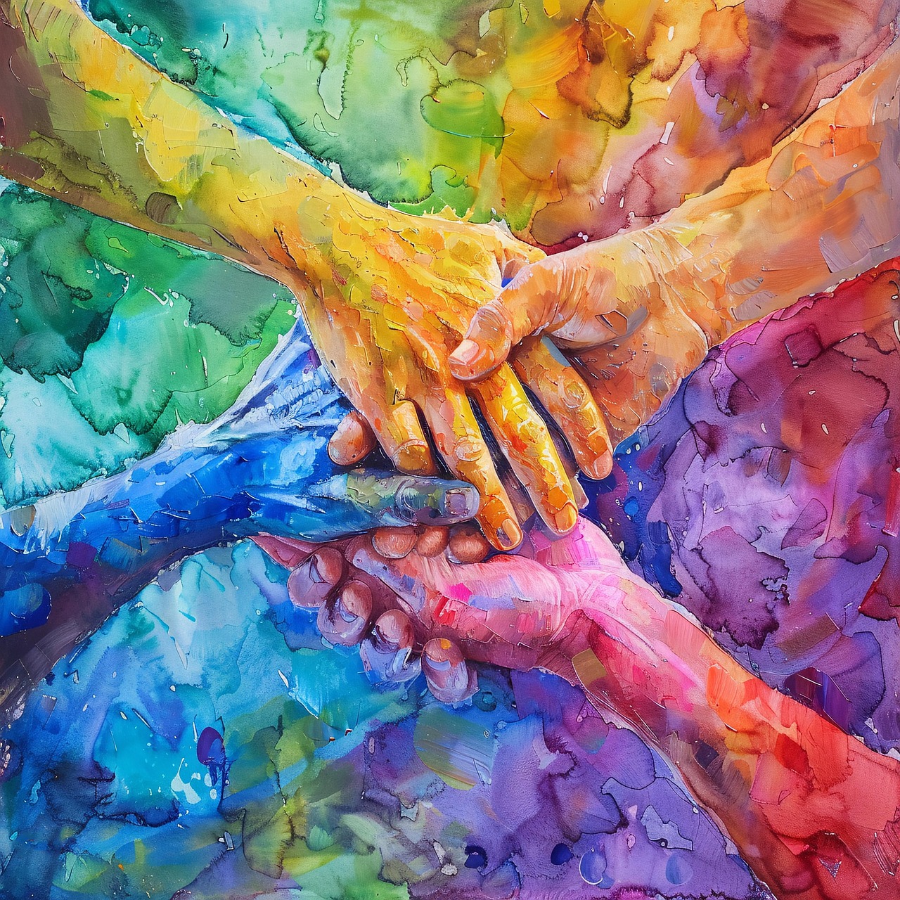Cooperation - four hands meet in colorful watercolor rendering