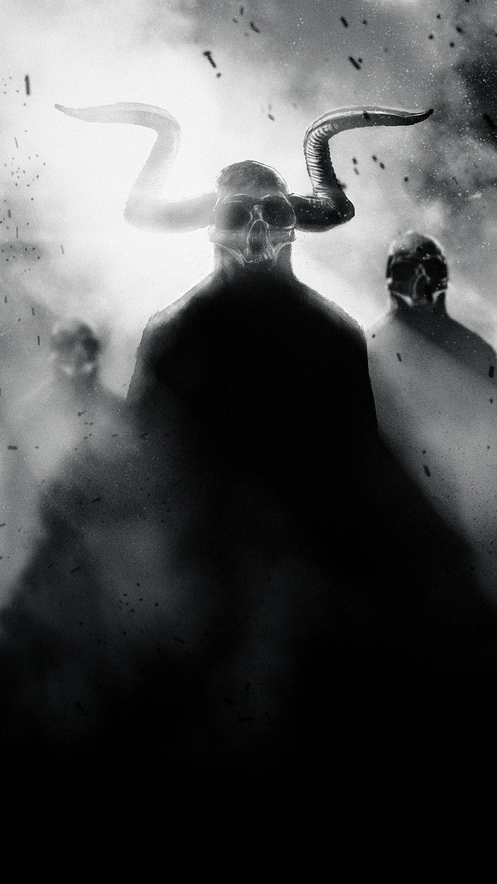 Satan and demons in fog