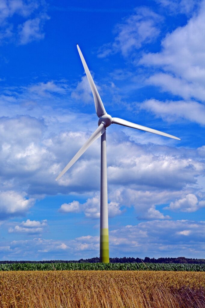 Lone windmill framed by beautiful blue skies