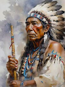 Watercolor graphic of a Native American chief in headdress