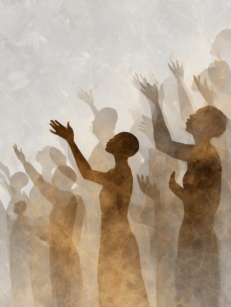 Silhouettes of African women raising hands