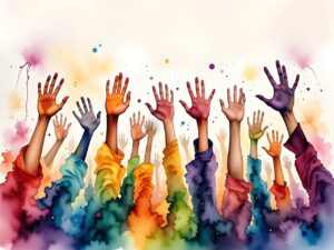Watercolor multi-colored hands raised for human rights