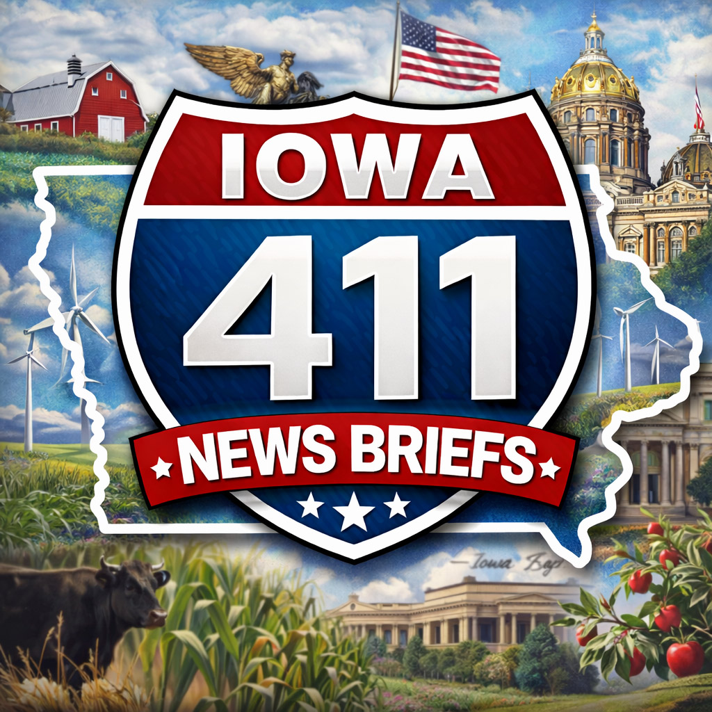 Iowa411 News Briefs tile with Iowa imagery